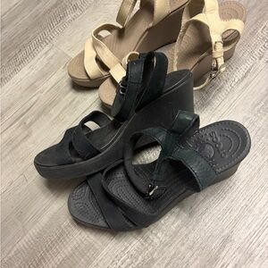 LOT of 2 Crocs Women's Black + Cream Leigh II Ankle Strap Wedge Sandals Size 8
